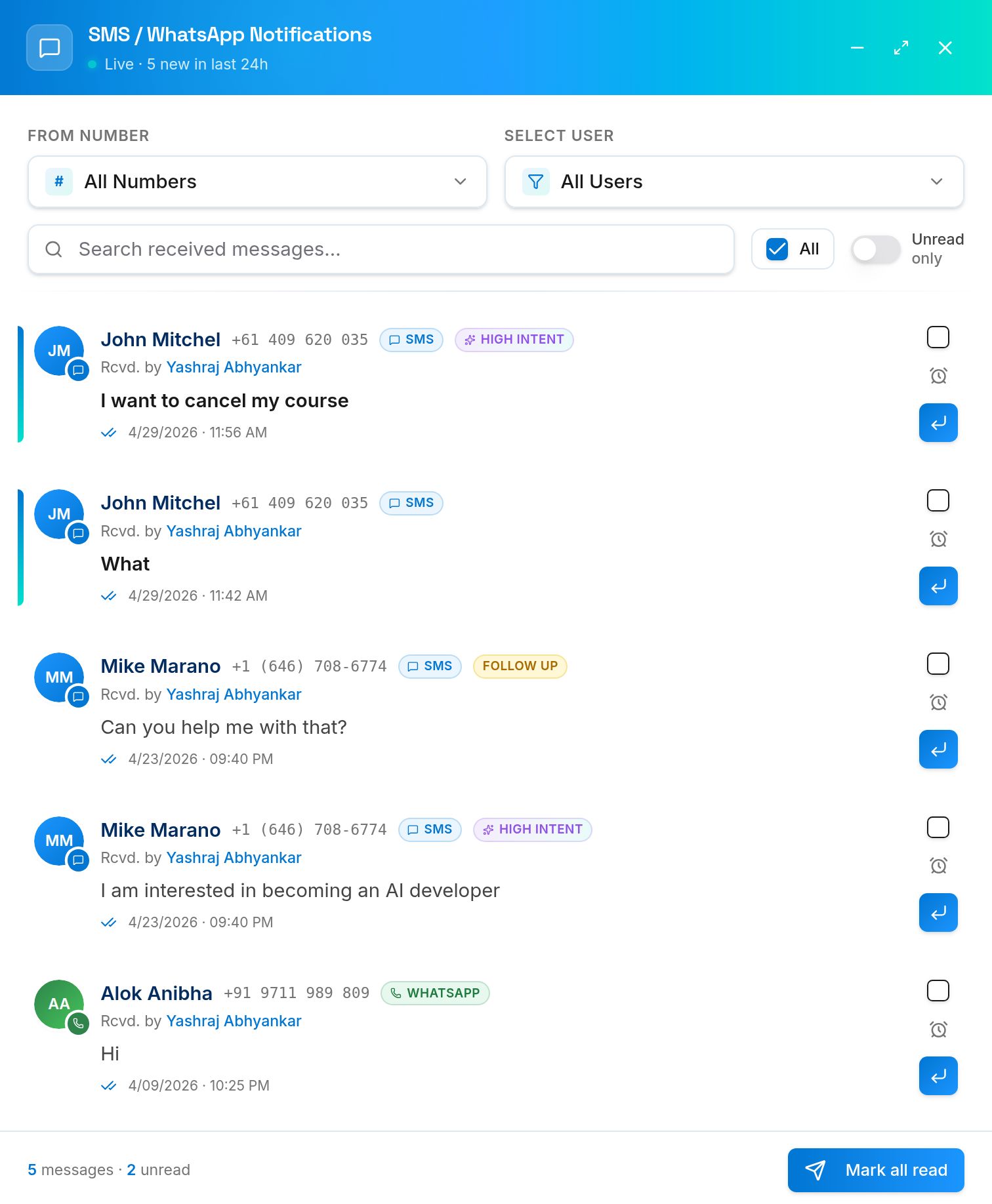GirikSMS inbound lead notifications with AI HIGH INTENT tagging
