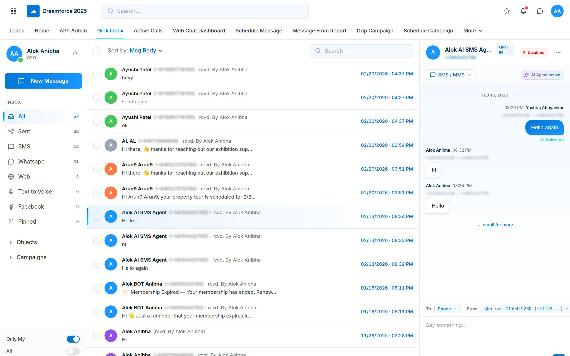 GirikSMS Inbox running inside Salesforce — showing Girik Inbox tab, SMS conversation list, and live two-way messaging