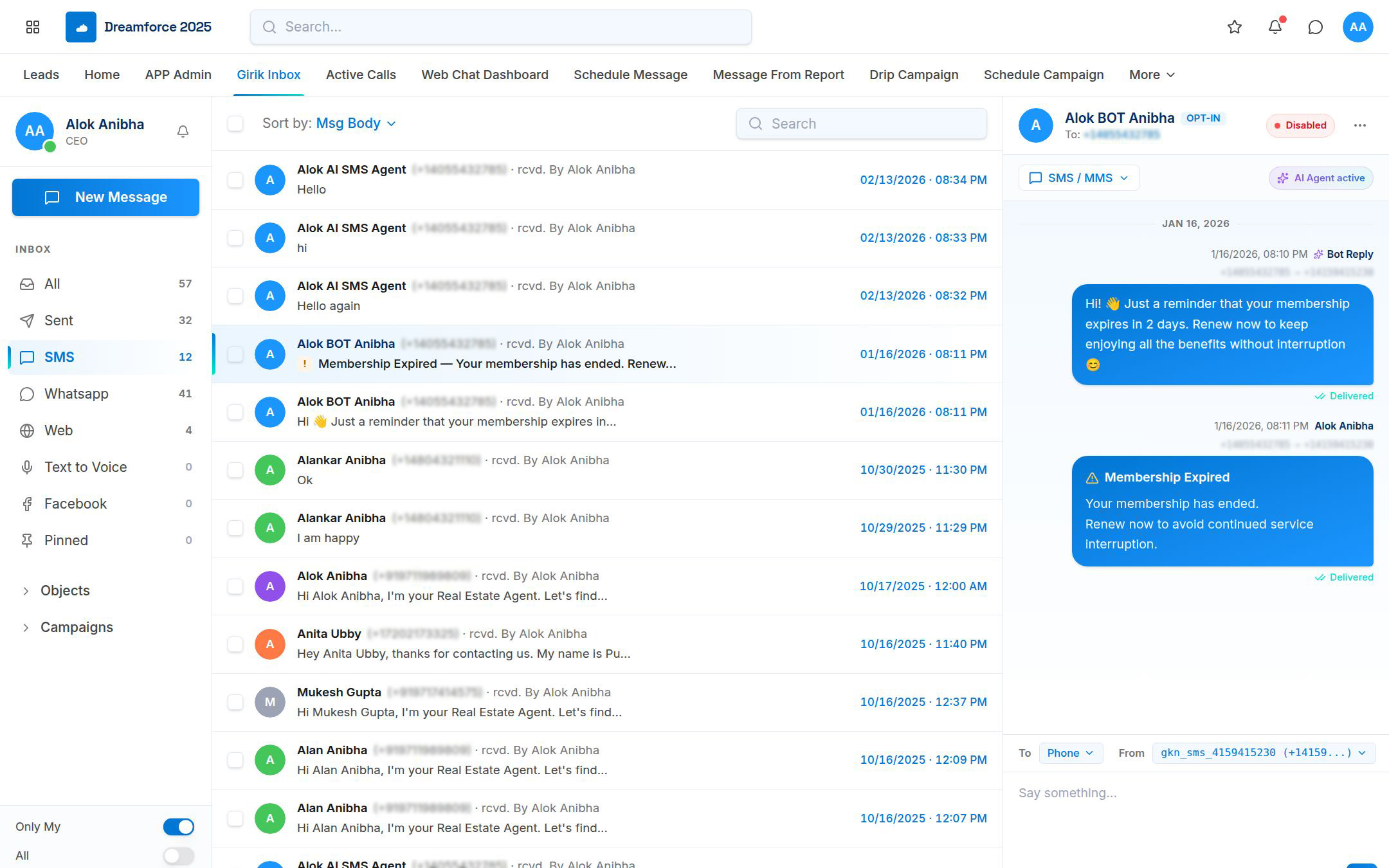 GirikSMS bot view showing AI-triggered automated membership expiry SMS inside Salesforce