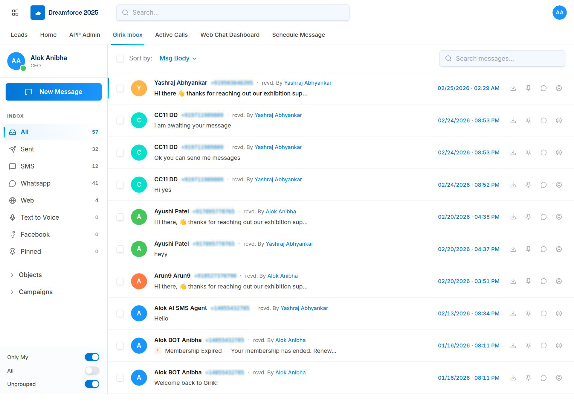 GirikSMS bot view showing AI automated membership expiry SMS sent from Salesforce Service Cloud